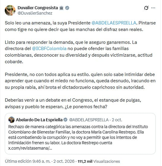 Duvalier Sánchez afirmó que está preparado para responder legalmente a la demanda planteada y asegurar un fallo a su favor, y acusó a Restrepo de desconocer la diversidad de las familias colombianas y asumir una postura victimista - crédito @DuvalierSanchez/X