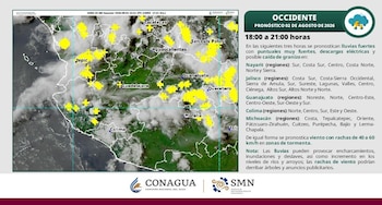 Mapa satelital de la región Occidente de México con nubes y puntos amarillos que indican zonas de tormenta, acompañado de un texto de pronóstico del tiempo