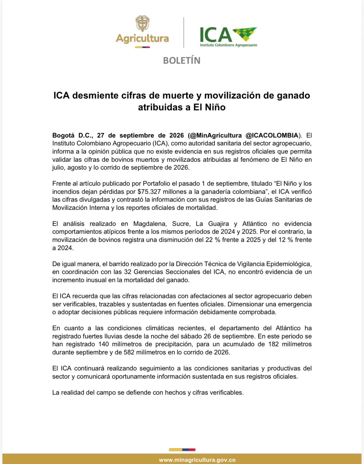 La entidad revisó datos de cuatro departamentos y aseguró que los registros oficiales no respaldan las cifras divulgadas sobre mortalidad bovina y pérdidas económicas - crédito ICA