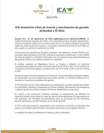 La entidad revisó datos de cuatro departamentos y aseguró que los registros oficiales no respaldan las cifras divulgadas sobre mortalidad bovina y pérdidas económicas - crédito ICA