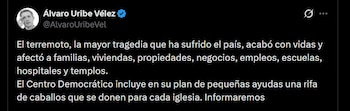 Centro Democrático informó que en los próximos días anunciará las fechas de recolección de ejemplares y los mecanismos para participar en la rifa nacional de caballos - crédito @AlvaroUribeVel / X