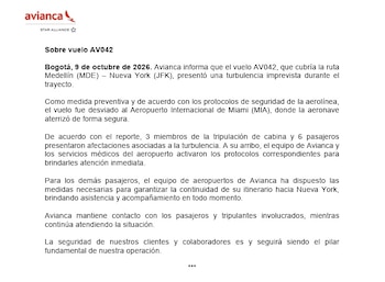 El vuelo AV042 de Avianca fue desviado de emergencia al Aeropuerto Internacional de Miami el 9 de octubre de 2026 después de que una turbulencia imprevista dejara nueve personas con lesiones durante la ruta entre Medellín y Nueva York - crédito Avianca