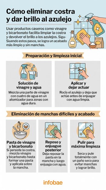 Infografía ilustrada con pasos sobre la limpieza de azulejos mediante un atomizador, un paño seco, vinagre y bicarbonato de sodio.