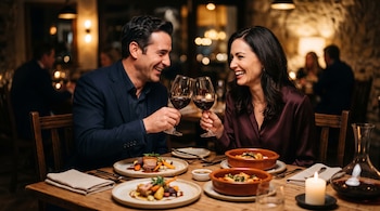 Un hombre y una mujer sentados a una mesa sonríen y brindan con copas de vino tinto junto a varios platos de comida.