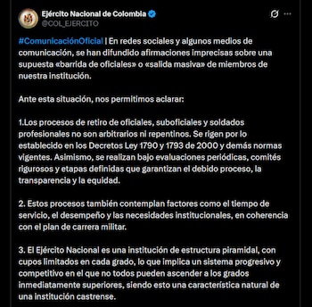 El Ejército Nacional indicó que los oficiales retirados ya habían cumplido el tiempo de servicio exigido y conservan el derecho a la asignación de retiro - crédito X