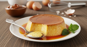 Flan de dulce de leche sobre un plato blanco con una porción en una cuchara, salsa de caramelo, hoja de menta. Huevos, batidor y dulce de leche al fondo.