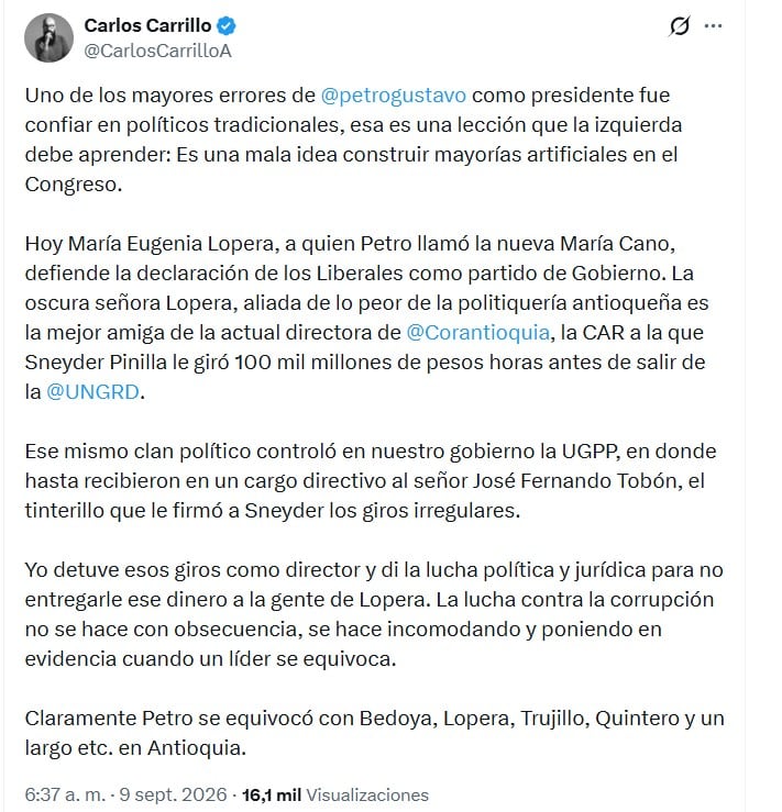 El exdirector de la Ungrd compartió el mensaje desde su cuenta de X el miércoles 9 de septiembre de 2026 - crédito @CarlosCarrilloA/X