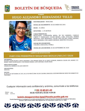 Hugo Alejandro Hernández Tello, alumno desaparecido de la BUAP. (FGE Puebla)