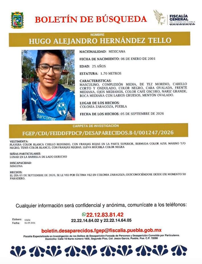 Hugo Alejandro Hernández Tello, alumno desaparecido de la BUAP. (FGE Puebla)