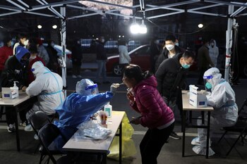 A medical worker takes a