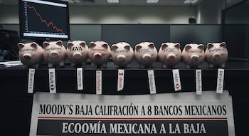 Ocho alcancías rosadas con nombres de bancos mexicanos sobre un escritorio. Detrás, un monitor con un gráfico en descenso y un periódico con la noticia de Moody's.