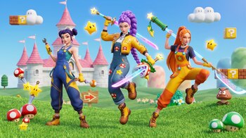 Tres mujeres con armas y ropa de colores posan en un prado verde rodeadas de hongos, bloques y un castillo rosa sobre un fondo azul