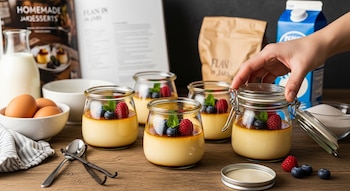 Mano colocando tapa en frasco de flan con frutos rojos y menta, junto a otros cuatro flanes. Huevos, leche, vainilla y libro de recetas en la mesa.
