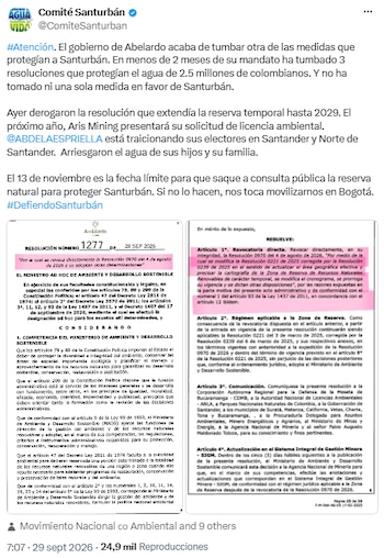 Esto dijo el Comité de Santurbán sobre la decisión - crédito @ComiteSanturban/X