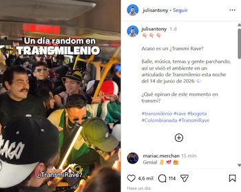El periodista Julián Santony registró cómo fue la fiesta de música electrónica que se llevó a cabo en uno de los articulados de Transmilenio - crédito @julisantony/IG