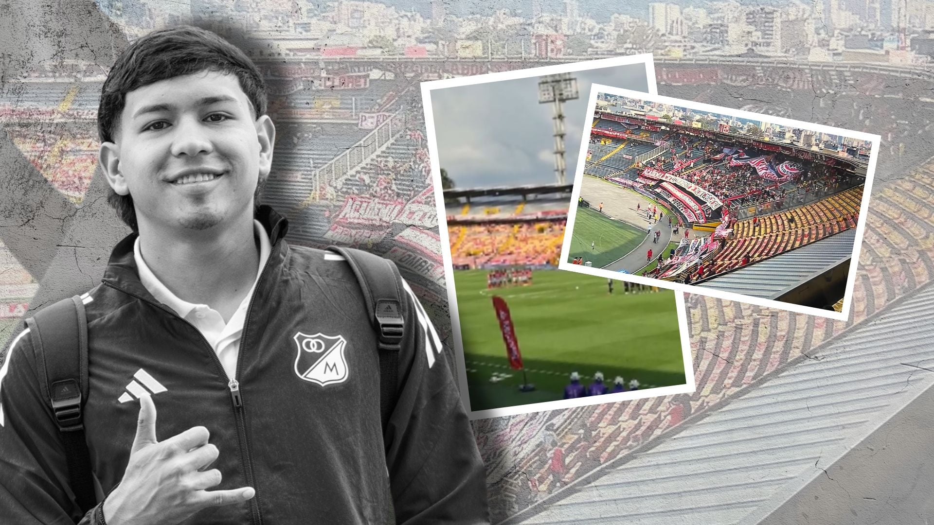El estadio El Campín recibió a 11.601 hinchas, pero la mayoría no guardó silencio en el homenaje al joven futbolista fallecido - crédito Montaje Johan Largo/Infobae-Millonarios FC