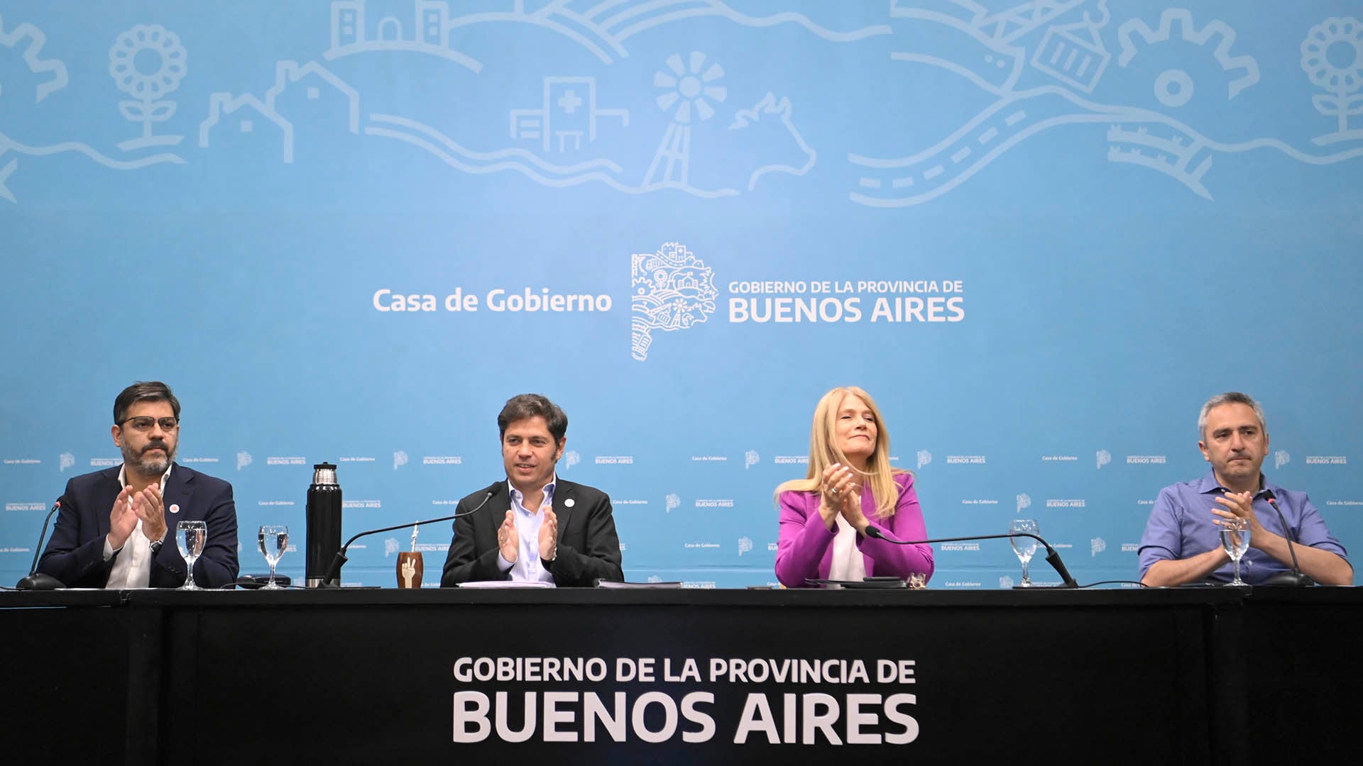 Carlos Bianco, Axel Kicillof, Verónica Magario y Andrés Larroque (Crédito: Gobierno PBA)