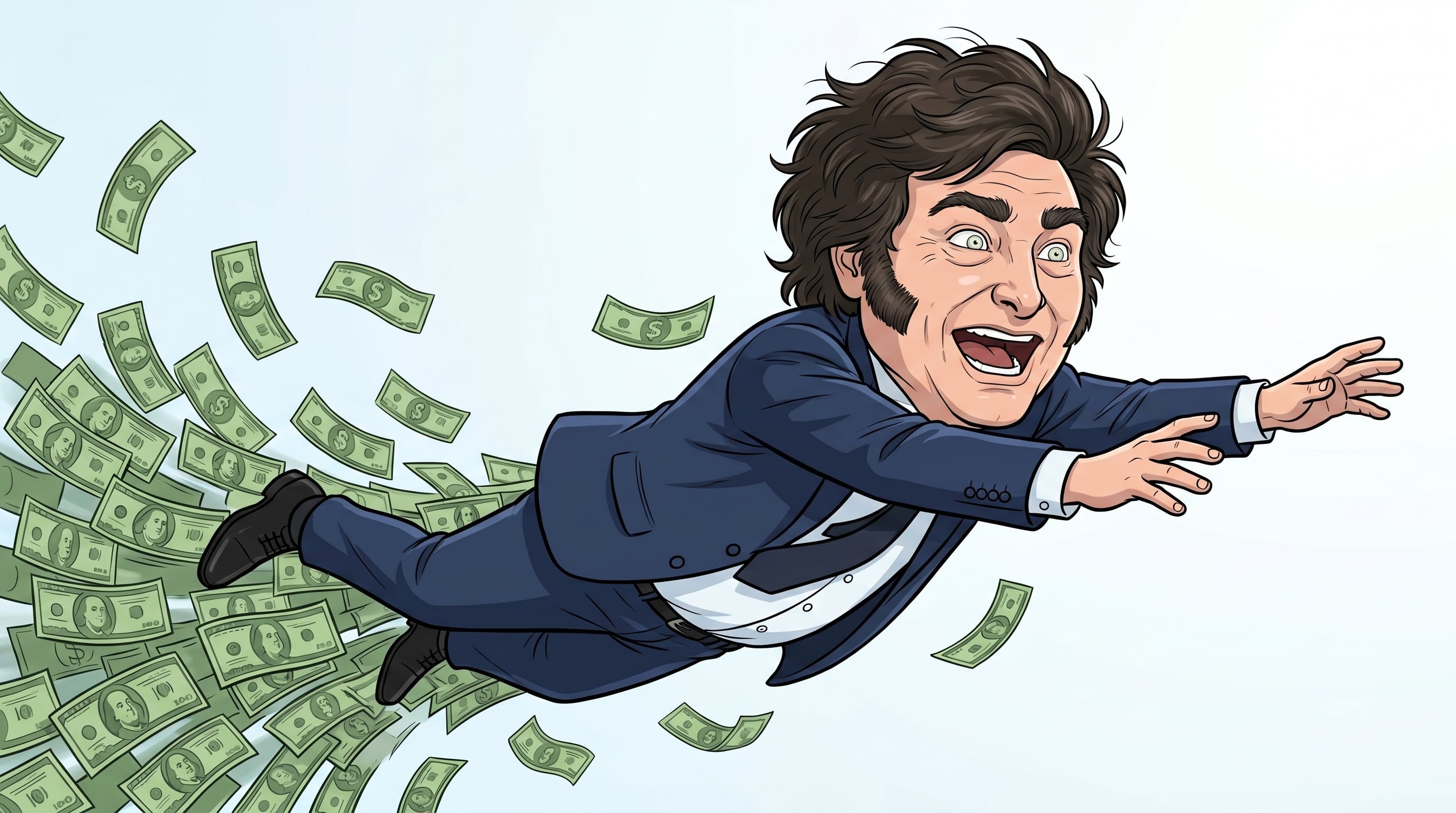 Caricatura política del presidente argentino Javier Milei, levitando eufórico mientras billetes de dólar lo impulsan desde atrás, simbolizando su política económica. (Imagen Ilustrativa Infobae)