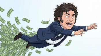 Caricatura de Javier Milei, cuerpo entero, volando con expresión eufórica. Lleva un traje azul oscuro. Billetes de 100 dólares lo impulsan desde atrás.