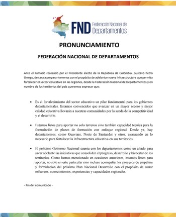 Comunicado FND a Gustavo Petro.