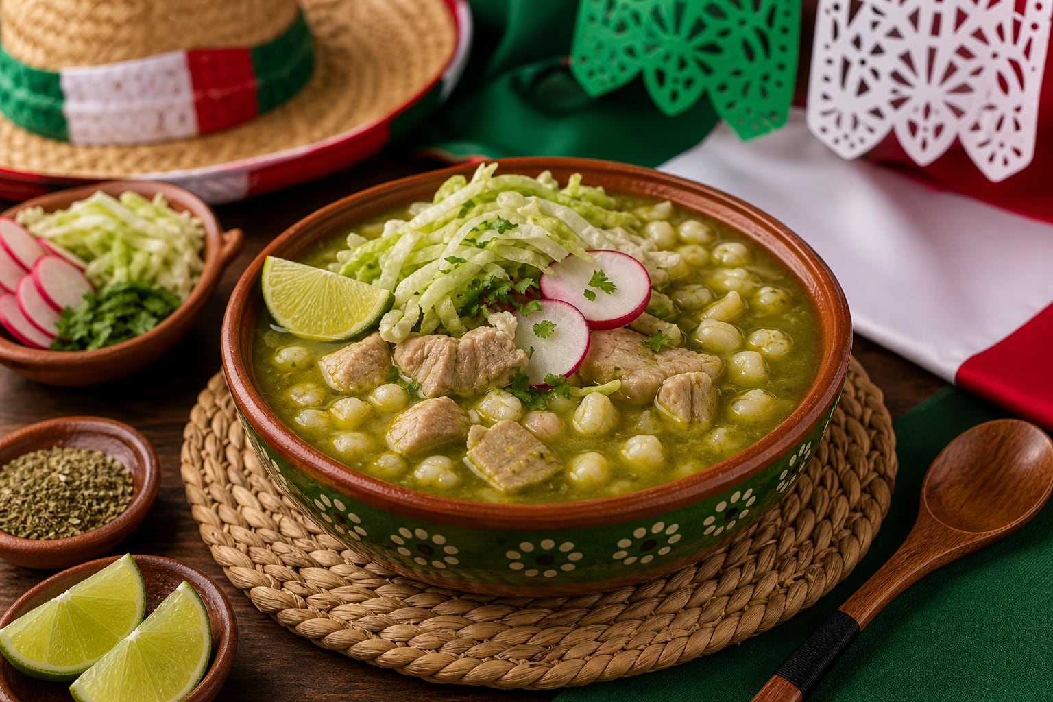 Un plato tradicional de pozole verde con carne de cerdo y sus acompañamientos se presenta como parte de la gastronomía mexicana para las fiestas patrias. (Imagen Ilustrativa Infobae)