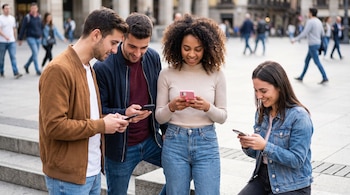 Cuatro jóvenes, dos hombres y dos mujeres, miran sus teléfonos móviles en un espacio exterior con edificios y personas borrosas al fondo.