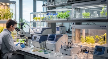 Hombre con bata blanca y gafas en laboratorio, observando plantas bajo microscopio. Varias plantas en estantes iluminados, equipos electrónicos, material de vidrio.