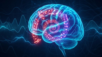 Cerebro humano azul con una espiral luminosa de notas musicales en tonos rojos y violetas, rodeado de ondas lineales sobre fondo oscuro.
