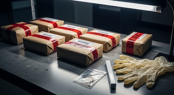 Seis paquetes de evidencia envueltos en papel kraft y sellados con cinta roja "EVIDENCE" sobre una mesa gris, junto a guantes de látex y una lámpara de oficina.