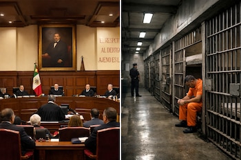Díptico: À esquerda, sala de reuniões da SCJN no México com juízes e bandeiras. À direita, corredor com presos e guardas.