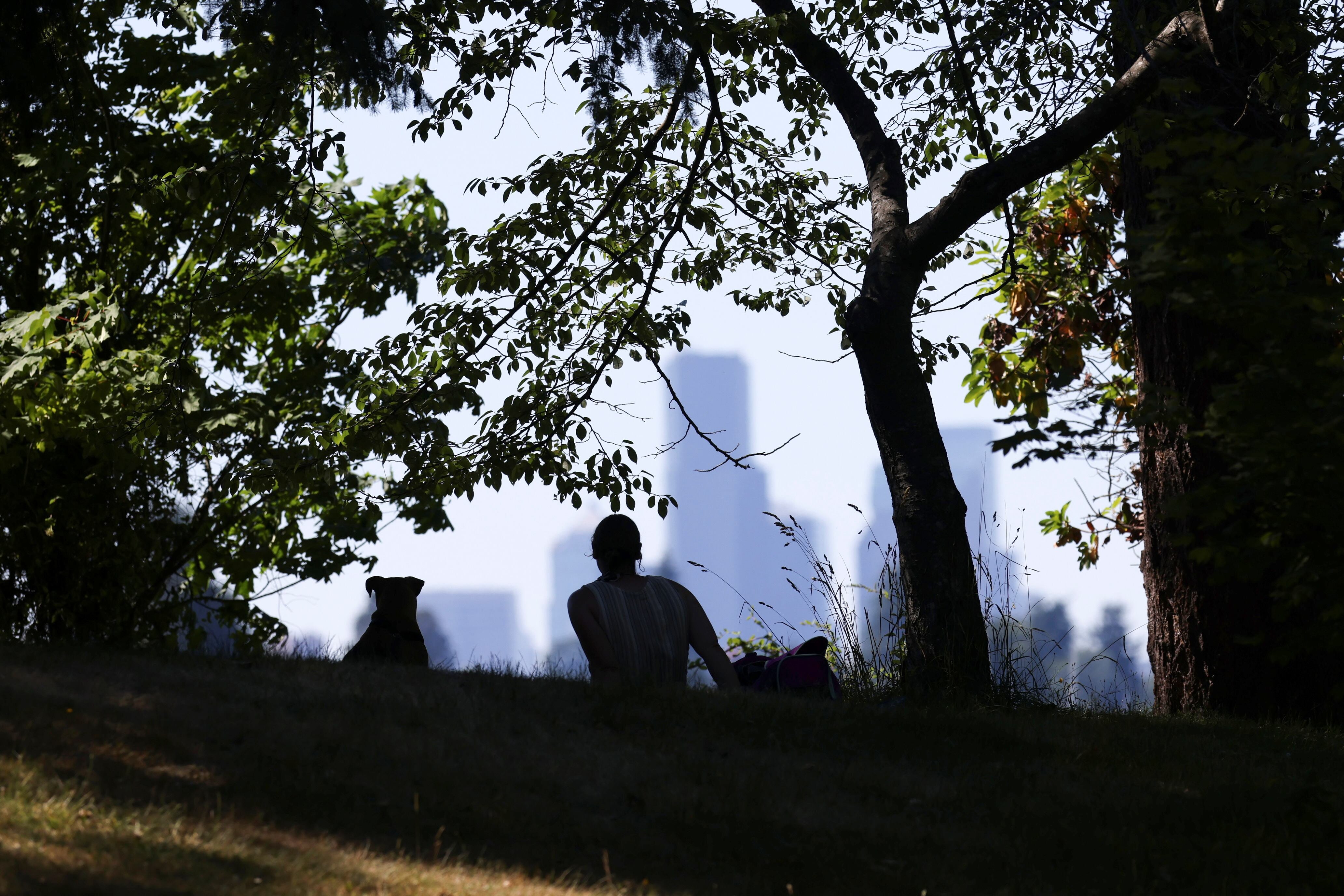 Una mujer y su perro aprovechan un espacio de sombra en Seattle, Washington (REUTERS/Lindsey Wasson)