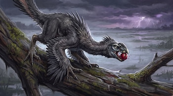Dinosaurio con plumas grises sobre el tronco de un árbol caído, con un fruto rojo en el pico, frente a una ciénaga con relámpagos.