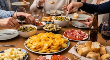 Mesa de madera con manos de personas comiendo, plato grande de papas fritas con queso cheddar, aceitunas, alcachofas, jamón, chorizo, queso en cubos, pan, copas de vino tinto, botella de cerveza.