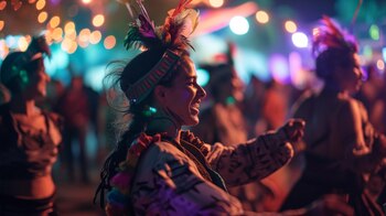 Escena animada en el carnaval: gente disfrutando, bailando con deslumbrantes disfraces y contagiándose de la alegría del desfile de comparsas. Color y ritmo en una festividad única. (Imagen ilustrativa Infobae)