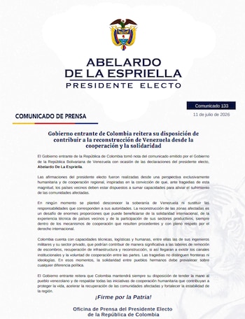 El comunicado destacó que Colombia podría contribuir con ingenieros militares, personal especializado y el apoyo del sector privado en tareas de remoción de escombros, recuperación de infraestructura y reconstrucción - crédito prensa Abelardo de la Espriella