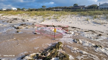 Playa arenosa, cuatro postes de madera con cinta rosa en la orilla, agua con espuma y algas, y casas tras dunas con vegetación.