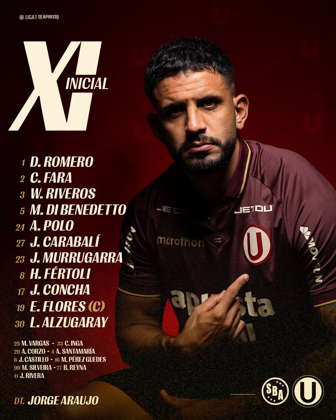 Once de Universitario para el duelo ante Sport Boys por Liga 1 2026 - Crédito: X.