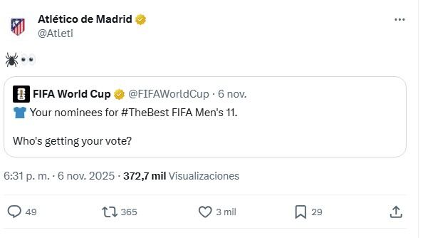 El posteo del Atlético de Madrid respecto a la ausencia de Julián Alvarez en los premios The Best (@Atleti)