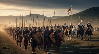Soldados de infantería con lanzas y escudos marchan en formación, seguidos por caballería montada, en un paisaje de colinas al amanecer.