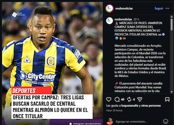 El portal deportivo informó que la MLS, EL fútbol brasileño y el América de México estaría detrás del atacante de Rosario Central -crédito @nodonoticias/Instagram