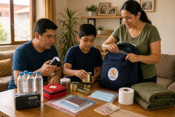 Un hombre, un niño y una mujer colocan botellas de agua, conservas, botiquín y radio junto a una mochila azul con el emblema de INDECI.