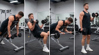 Un hombre musculoso en un gimnasio realizando cuatro ejercicios distintos para bíceps con mancuernas y una barra en un banco de pesas.