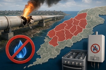 Un gasoducto roto con fuego, un mapa con municipios en rojo, una señal de prohibición de llama, una cocina de gas y un calentador.