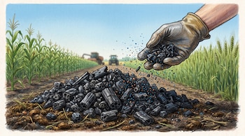 Mano con guante esparciendo material poroso oscuro sobre tierra con estiércol y restos vegetales. Partículas azules y cobrizas flotan. Campo con maíz, trigo y maquinaria.