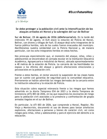 La Defensoría del Pueblo advirtió que niñas, niños y adolescentes estaban en jornada escolar durante el ataque en Norosí - crédito Defensoría del Pueblo