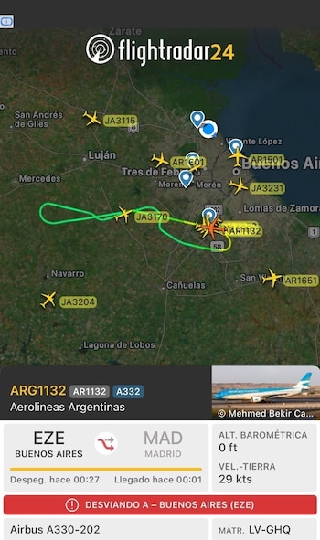 El recorrido que realizó el avión antes de devolverse al Aeropuerto Internacional de Ezeiza