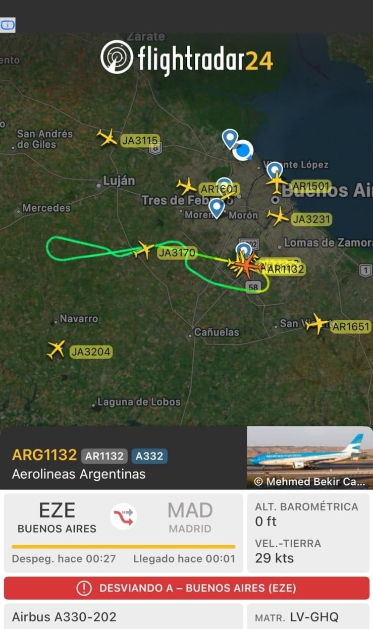 El recorrido que realizó el avión antes de devolverse al Aeropuerto Internacional de Ezeiza