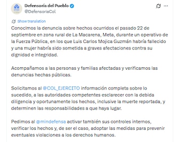 Este es el mensaje de la Defensoría del Pueblo sobre la denuncia de la muerte de el campesino Luis Carlos Mojica Guzmán - crédito @DefensoríaCol/X