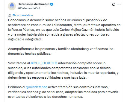 Este es el mensaje de la Defensoría del Pueblo sobre la denuncia de la muerte de el campesino Luis Carlos Mojica Guzmán - crédito @DefensoríaCol/X