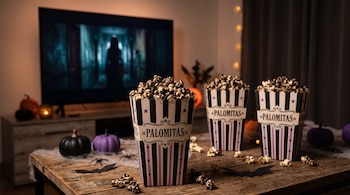 Tres cajas de papel con palomitas, pequeñas calabazas de adorno, arañas de plástico y recortes de murciélagos sobre una mesa de madera.
